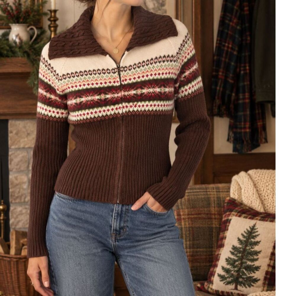 Tiara Fair Isle Cardigan XL Brown Cable Shawl Collar Cozy Heritage Sweater Cabin